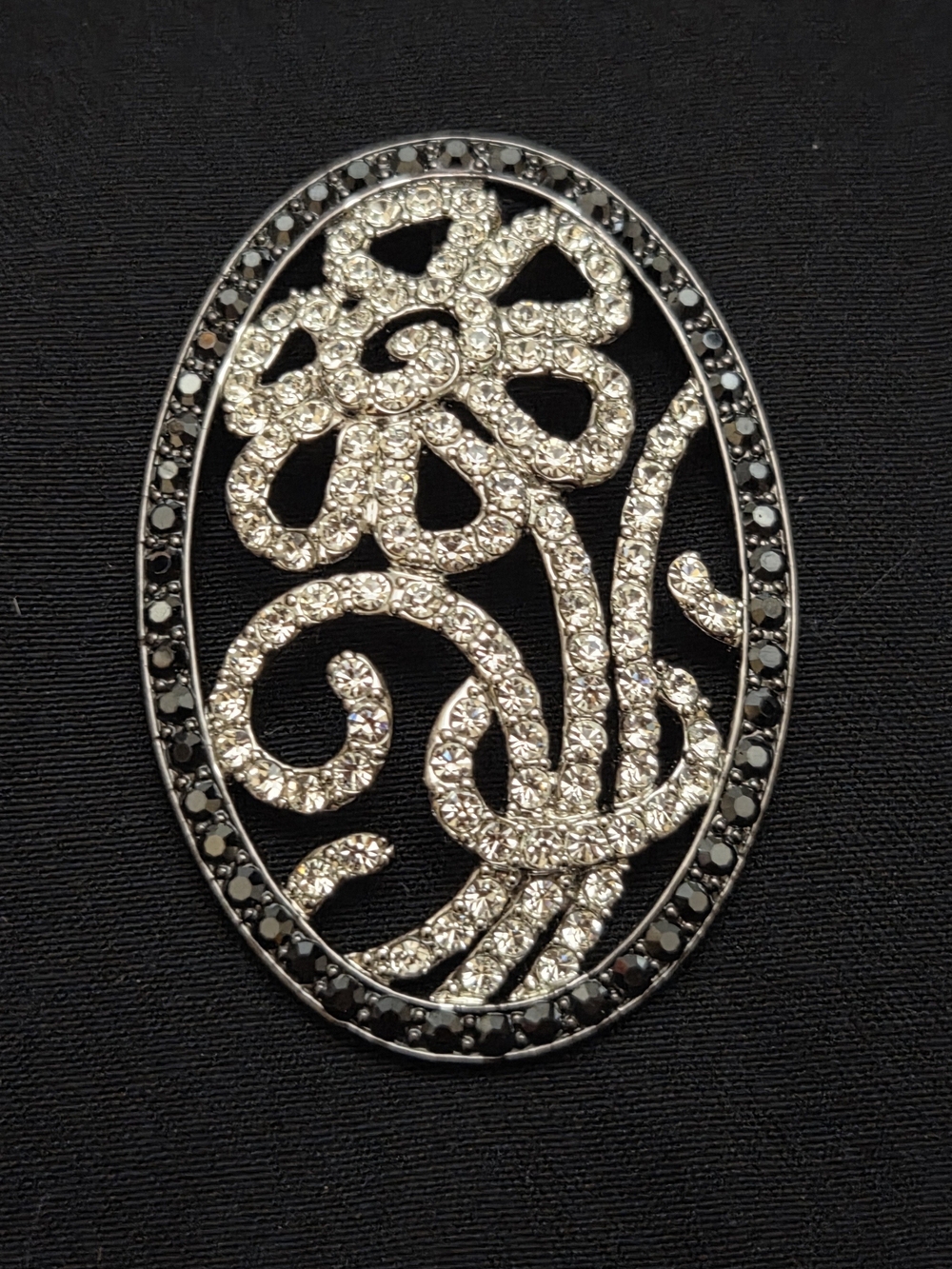 Nolan Miller Vintage Openwork Flower Pendant Silver Tone Black Rhinestone